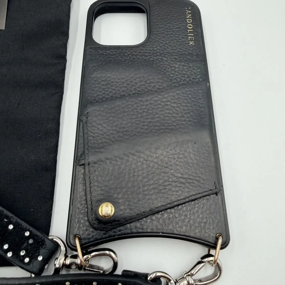 BANDOLIER Black Leather Crossbody iPhone 13/14 Pro Max Case; Rhinestone Strap - Picture 2 of 13